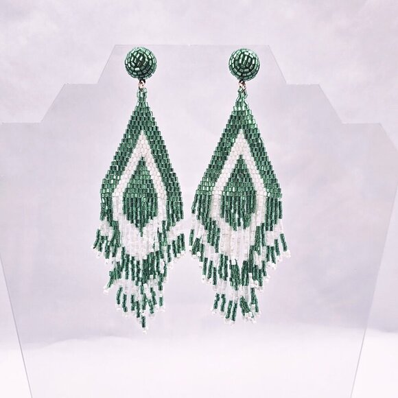 Natasha Long White and Teal Statement Beaded Earrings - Picture 2 of 3